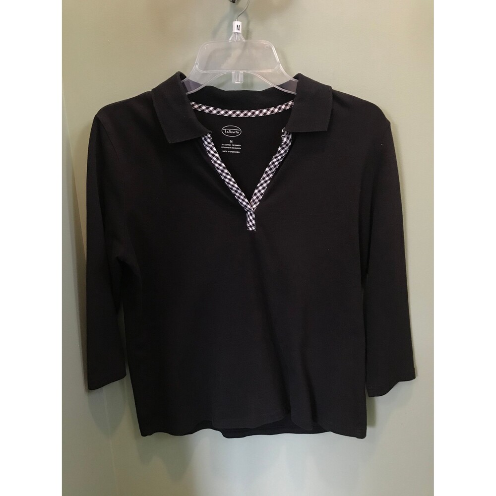 Talbots 3/4 sleeve black collared V-neck blouse -size M